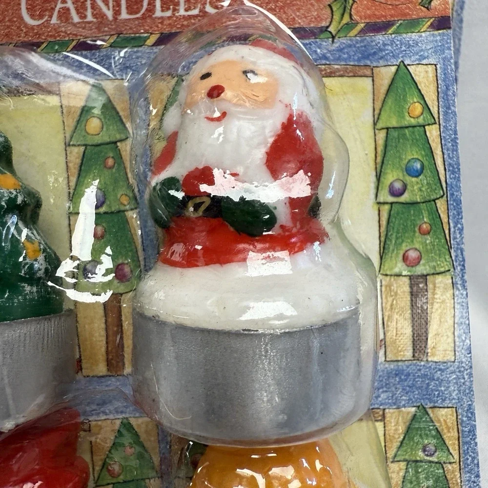 Vintage Set 4 Christmas Tea Light Candles New Old Stock Santa Tree Angel Snowman
